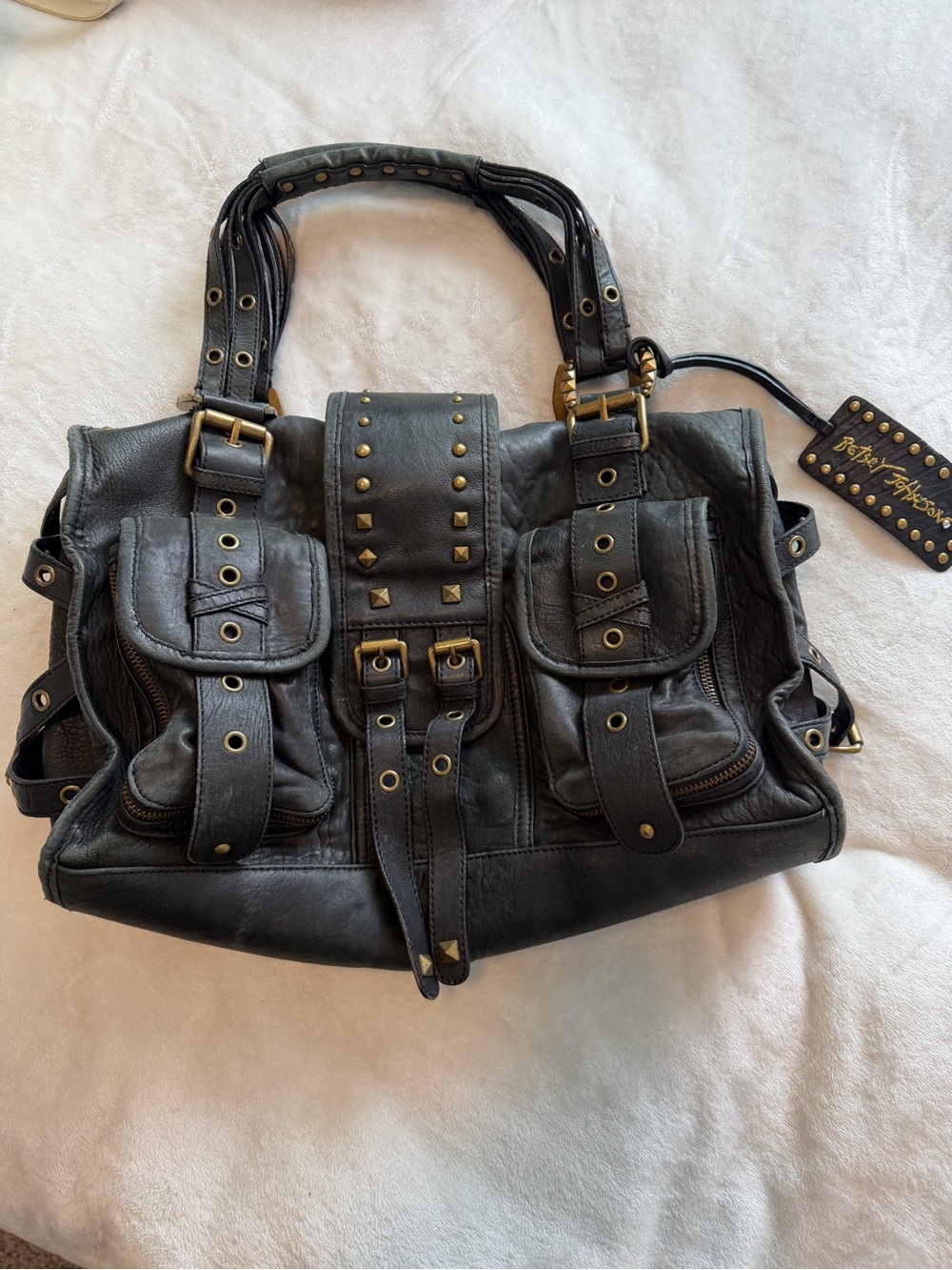 Vintage Betsey Johnson Black Shoulder Bag with Gold Hardware and Stud Accents - Picture 2 of 16